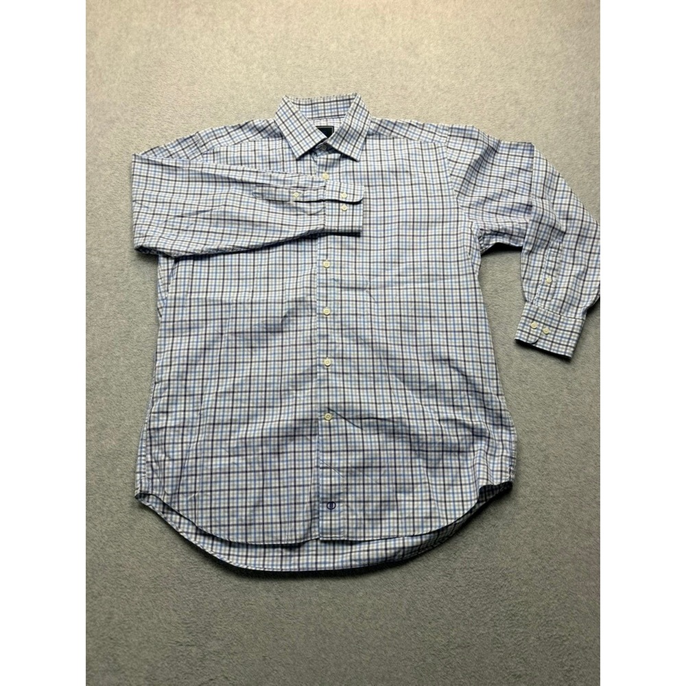 David Donahue Mens Blue Purple Plaid 100% Cotton Long Sleeve Button Down Shirt